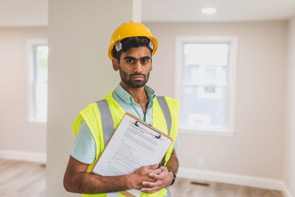 Safety professional reviewing a site safety audit checklist on a clipboard at a job site