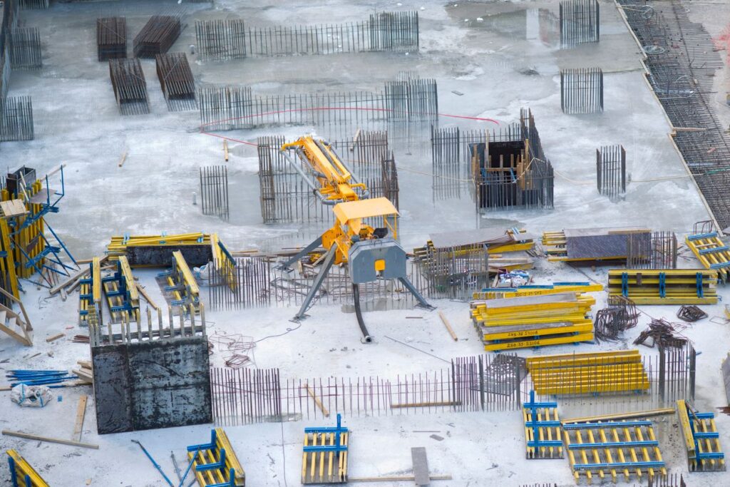 Aerial view of a construction jobsite laid out for a full site safety review
