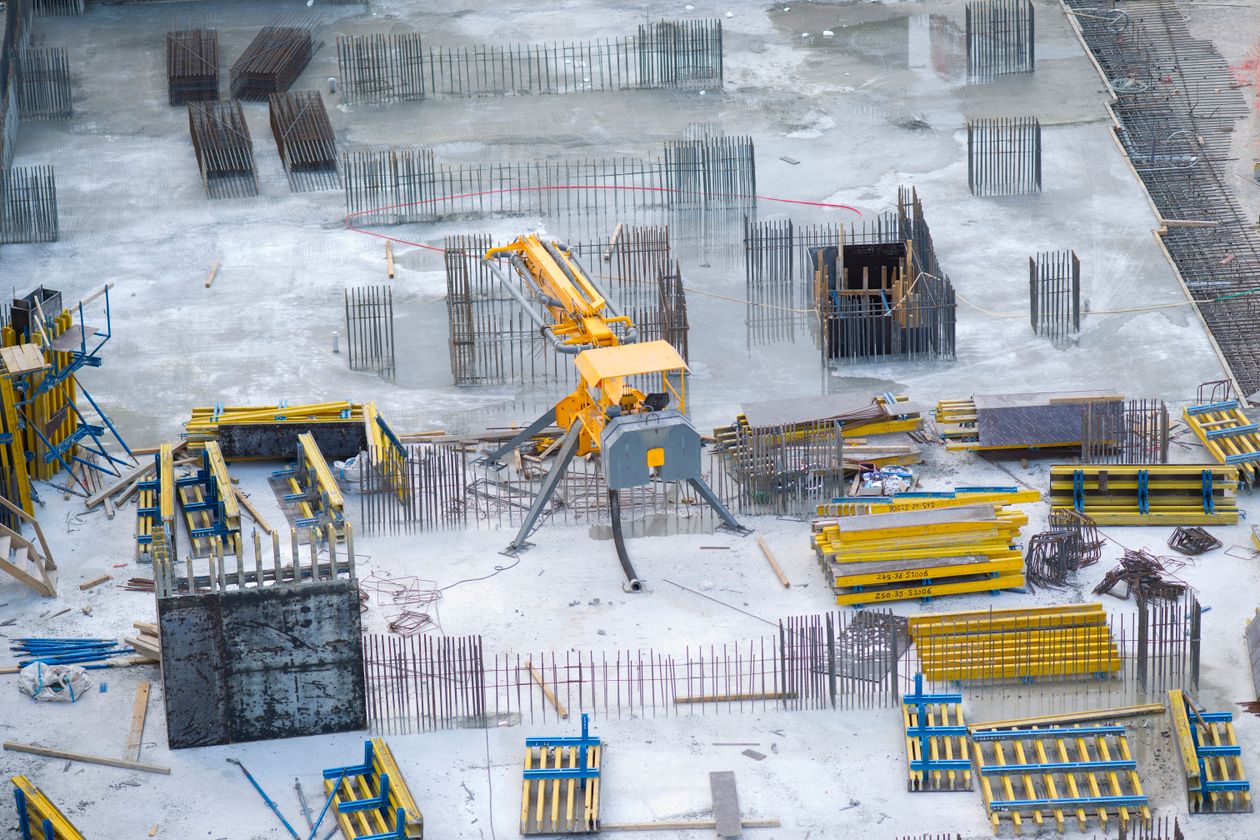Aerial view of a construction jobsite laid out for a full site safety review